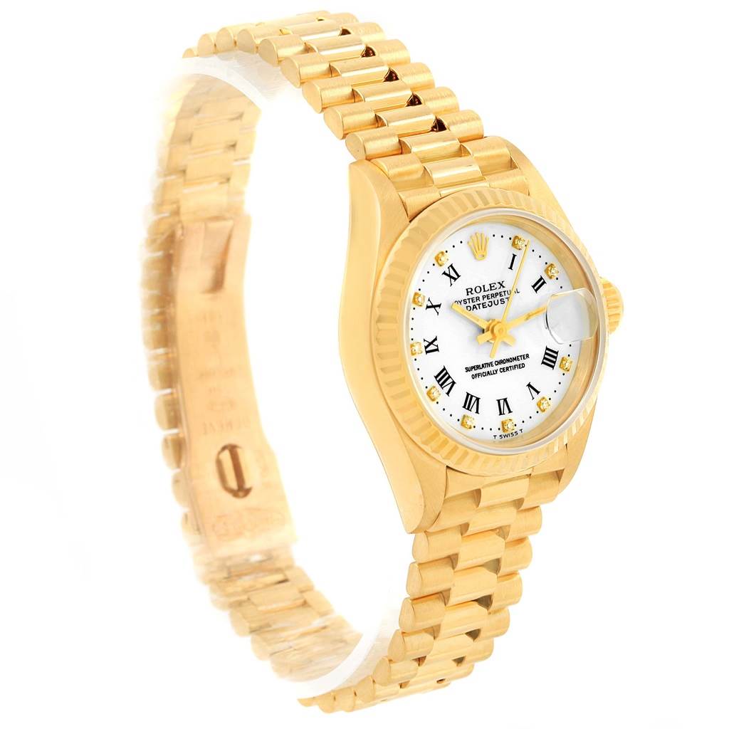 The image shows a side angle of a Rolex President 69178 Women's Yellow Gold White Dial 69178 Women's Yellow Gold White Dial model watch, highlighting the gold bracelet, case, and white dial.