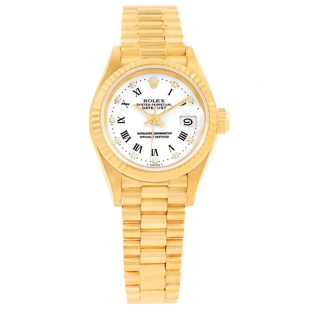 The image shows a Rolex President 69178 Women's Yellow Gold White Dial 69178 Women's Yellow Gold White Dial model watch from a front angle, displaying the face, bezel, and bracelet.