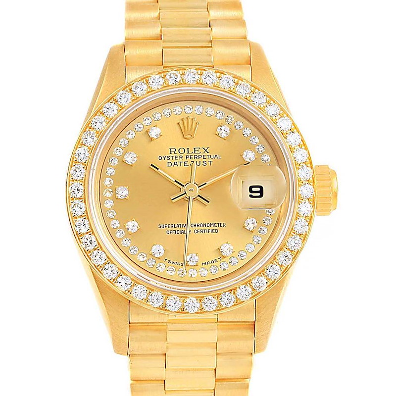 Rolex President Ladies 18k Yellow Gold String Diamond Watch 69178 SwissWatchExpo
