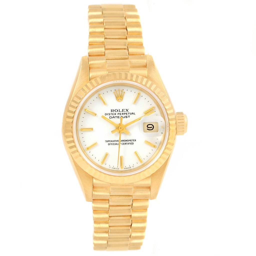 This image shows a front view of a Rolex President 69178 Women's Yellow Gold White Dial 69178 Women's Yellow Gold White Dial model watch, displaying the dial, bezel, crown, and bracelet.