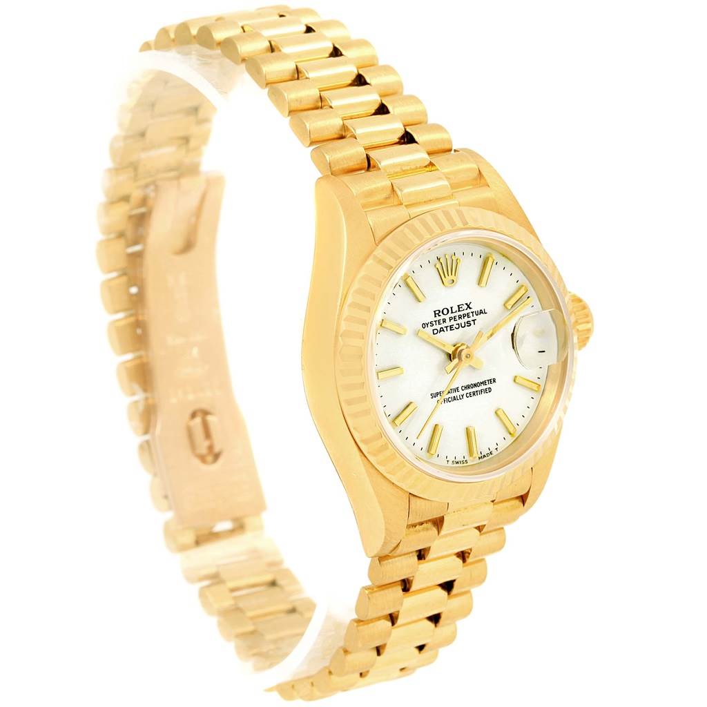 This image shows a side view of the Rolex President 69178 Women's Yellow Gold White Dial 69178 Women's Yellow Gold White Dial model watch, displaying the bracelet, case, crown, and dial.