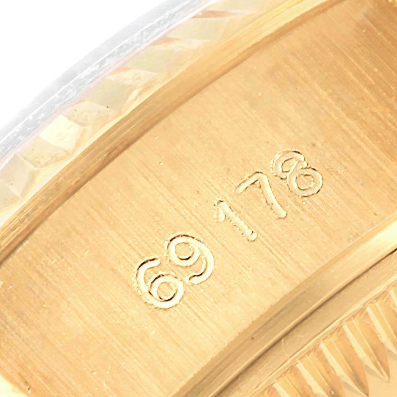 This image shows a close-up angle of the model number engraving (69178) on a Rolex President 69178 Women's Yellow Gold White Dial 69178 Women's Yellow Gold White Dial watch.