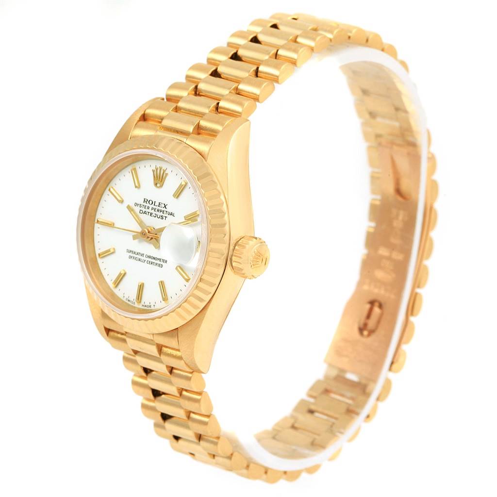 The image shows a Rolex President 69178 Women's Yellow Gold White Dial 69178 Women's Yellow Gold White Dial model watch at a slight diagonal angle, highlighting the face, bezel, crown, and bracelet.