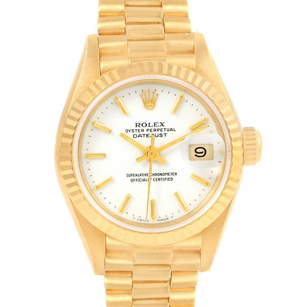 This image shows a Rolex President 69178 Women's Yellow Gold White Dial 69178 Women's Yellow Gold White Dial model watch from a top-down angle, highlighting the face, bezel, and bracelet.