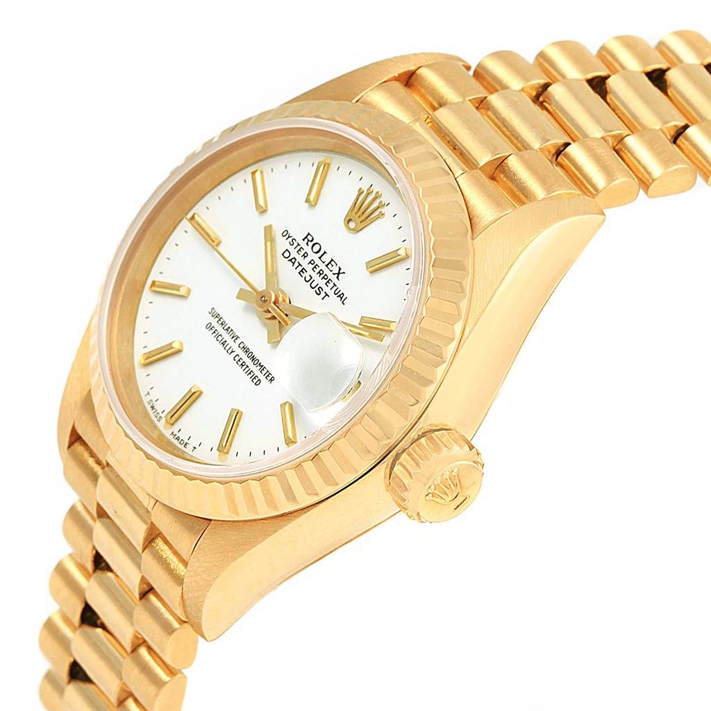 This image shows an angled side view of a Rolex President 69178 Women's Yellow Gold White Dial 69178 Women's Yellow Gold White Dial model, displaying the face, crown, and bracelet in gold.