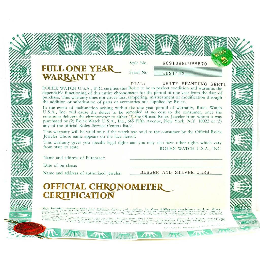 This is a warranty card for a Rolex President 69138 Women's Yellow Gold White Dial 69138 Women's Yellow Gold White Dial model watch, displaying the serial and style numbers.