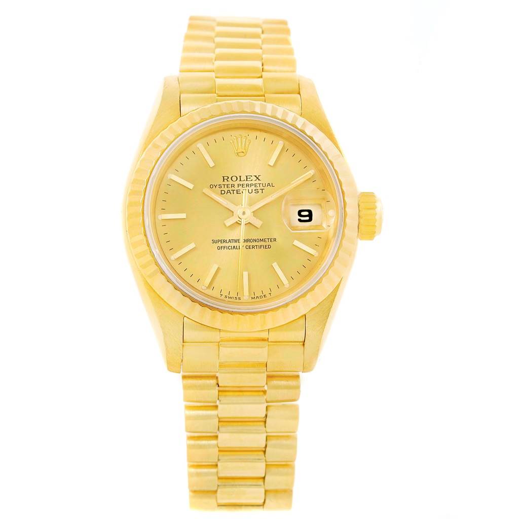 The image shows a front view of a Rolex President 69178 Women's Yellow Gold Champagne Dial 69178 Women's Yellow Gold Champagne Dial model watch, displaying the face, bezel, and bracelet clearly.