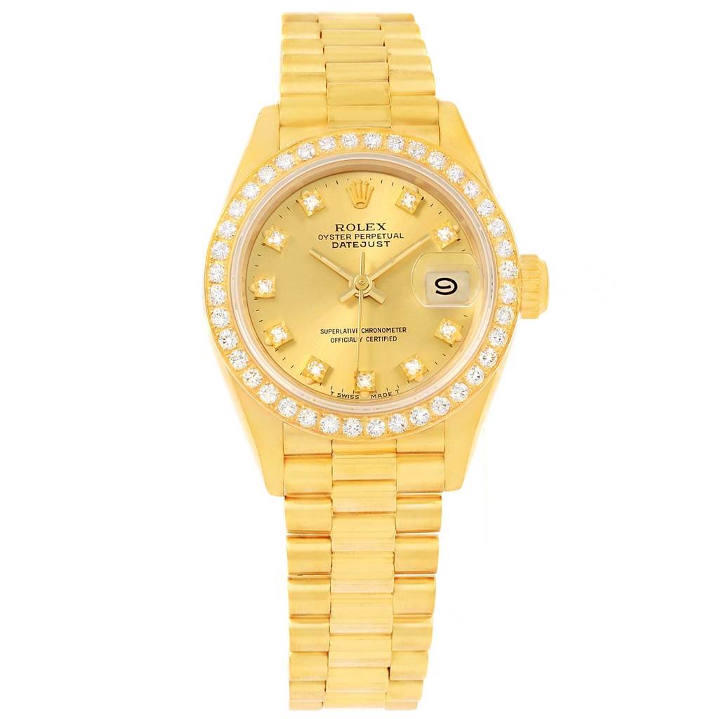 The Rolex President 69178 Women's Yellow Gold Champagne Dial 69178 Women's Yellow Gold Champagne Dial model watch is shown from a top-down angle, displaying the dial, bezel, bracelet, and crown.