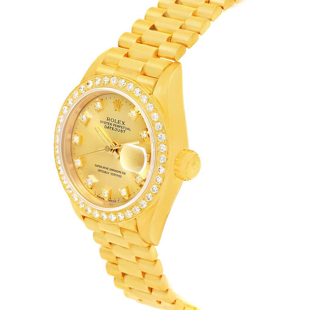 The Rolex President 69178 Women's Yellow Gold Champagne Dial 69178 Women's Yellow Gold Champagne Dial model watch is shown at an angle displaying its face, bezel, crown, and bracelet.