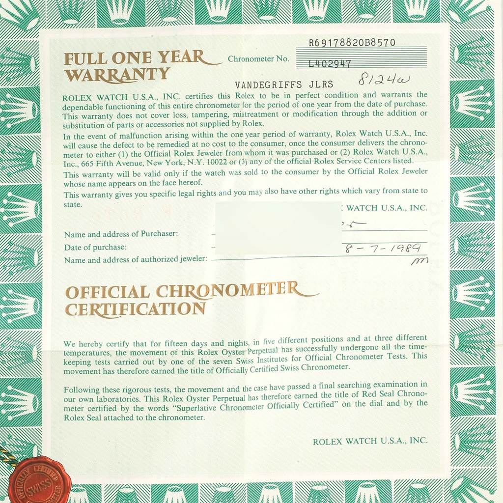 The image shows a Full One Year Warranty and Official Chronometer Certification document for a Rolex President 69178 Women's Yellow Gold Champagne Dial 69178 Women's Yellow Gold Champagne Dial model watch.