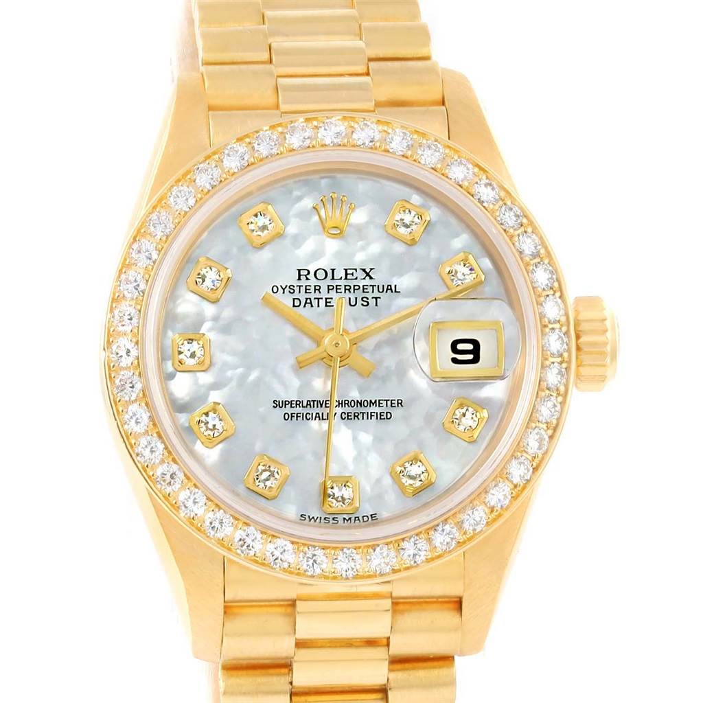 This image shows a frontal view of the Rolex President 79138 Women's Yellow Gold Mother of Pearl Dial 79138 Women's Yellow Gold Mother of Pearl Dial model watch, highlighting its face, bezel, and bracelet.