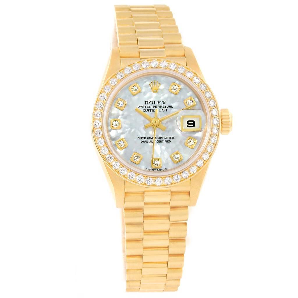The image shows a front view of the Rolex President 79138 Women's Yellow Gold Mother of Pearl Dial 79138 Women's Yellow Gold Mother of Pearl Dial model watch, displaying its band, face, bezel, and crown.