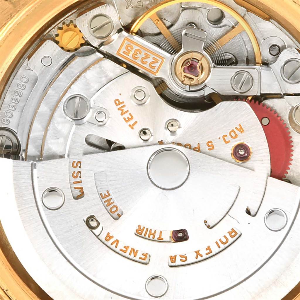 This image shows a close-up view of the internal movement components of a Rolex President 79138 Women's Yellow Gold Mother of Pearl Dial 79138 Women's Yellow Gold Mother of Pearl Dial model watch.