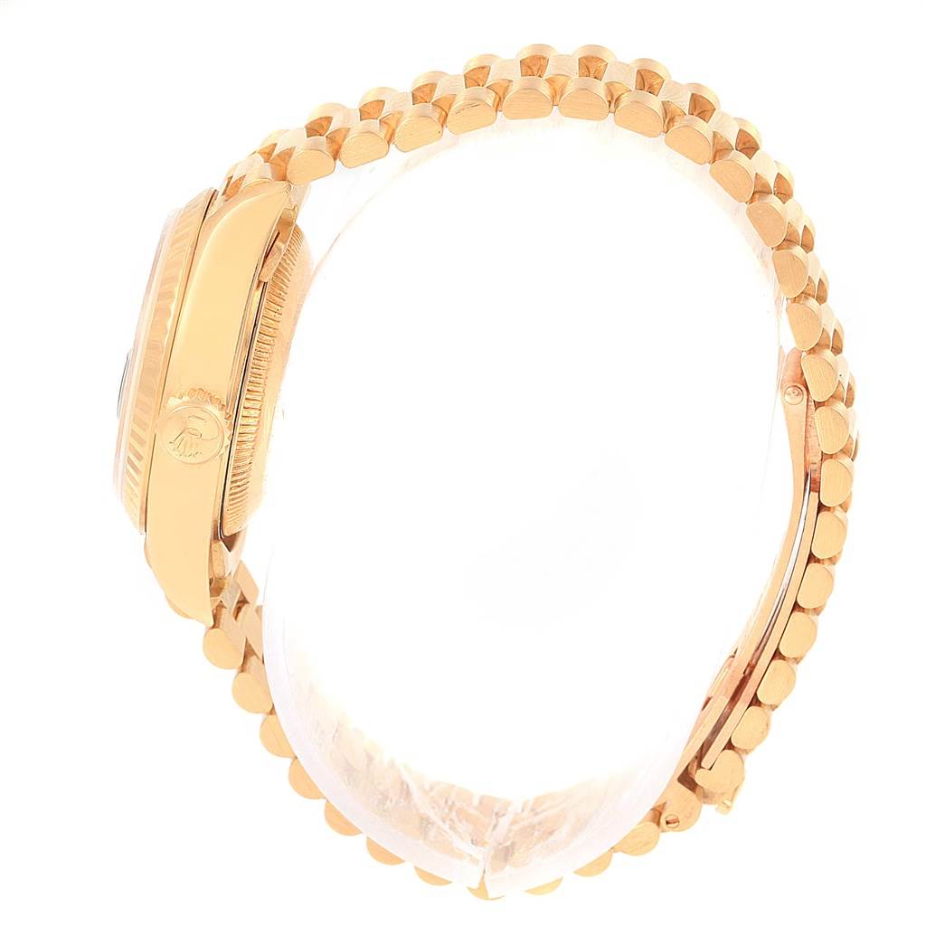 The image shows a side view of the Rolex President 69178 Women's Yellow Gold Blue Dial 69178 Women's Yellow Gold Blue Dial model watch, highlighting its gold case and bracelet.