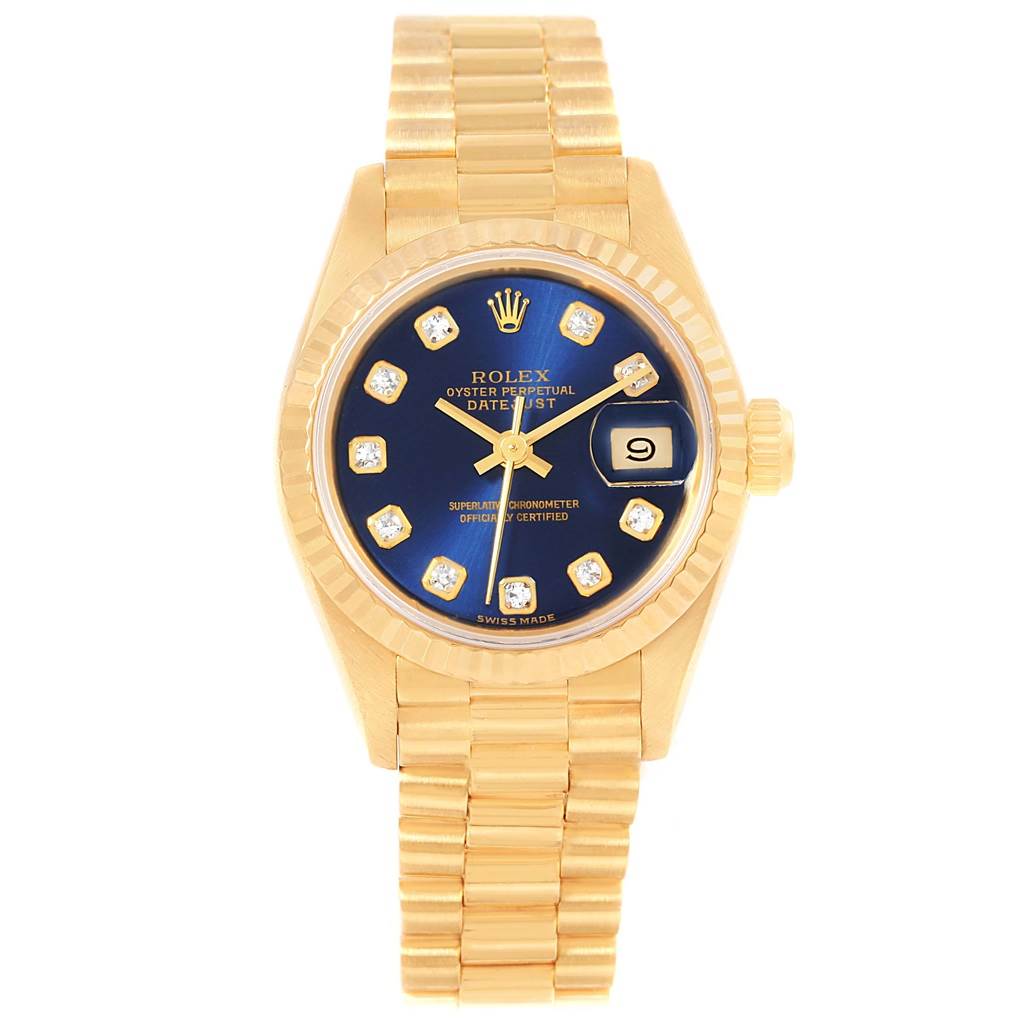 The image shows a frontal view of a Rolex President 69178 Women's Yellow Gold Blue Dial 69178 Women's Yellow Gold Blue Dial model watch, showcasing its gold bracelet, blue dial, and diamond markers.