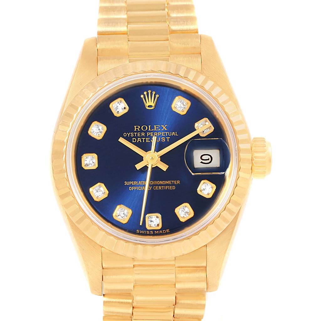 This image shows a frontal view of a Rolex President 69178 Women's Yellow Gold Blue Dial 69178 Women's Yellow Gold Blue Dial Datejust watch, highlighting its blue dial and diamond hour markers.