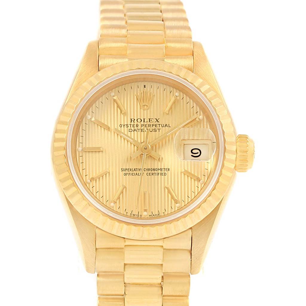 The image shows a Rolex President 69178 Women's Yellow Gold Champagne Dial 69178 Women's Yellow Gold Champagne Dial model watch from a front angle, displaying its face, bezel, and part of its bracelet.