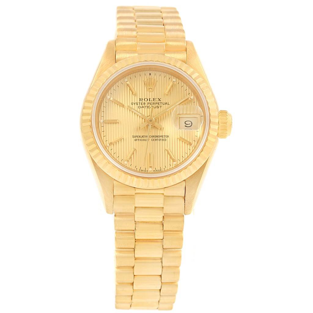 The image shows a Rolex President 69178 Women's Yellow Gold Champagne Dial 69178 Women's Yellow Gold Champagne Dial model watch, displaying its face, bezel, bracelet, and crown from a top-down angle.