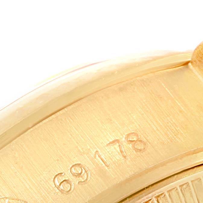 This close-up image shows the engraved model number "69178" on the case back of a Rolex President 69178 Women's Yellow Gold Champagne Dial 69178 Women's Yellow Gold Champagne Dial watch.