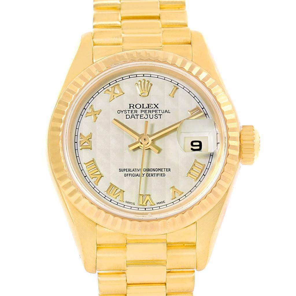 The image shows the Rolex President 79178 Women's Yellow Gold Beige Dial 79178 Women's Yellow Gold Beige Dial model watch from a top-down angle, highlighting the dial, bezel, crown, and bracelet.