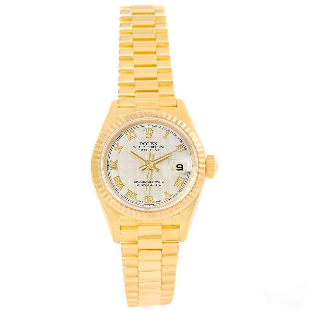 This image shows a front view of a Rolex President 79178 Women's Yellow Gold Beige Dial 79178 Women's Yellow Gold Beige Dial model watch, displaying its dial, case, and bracelet.