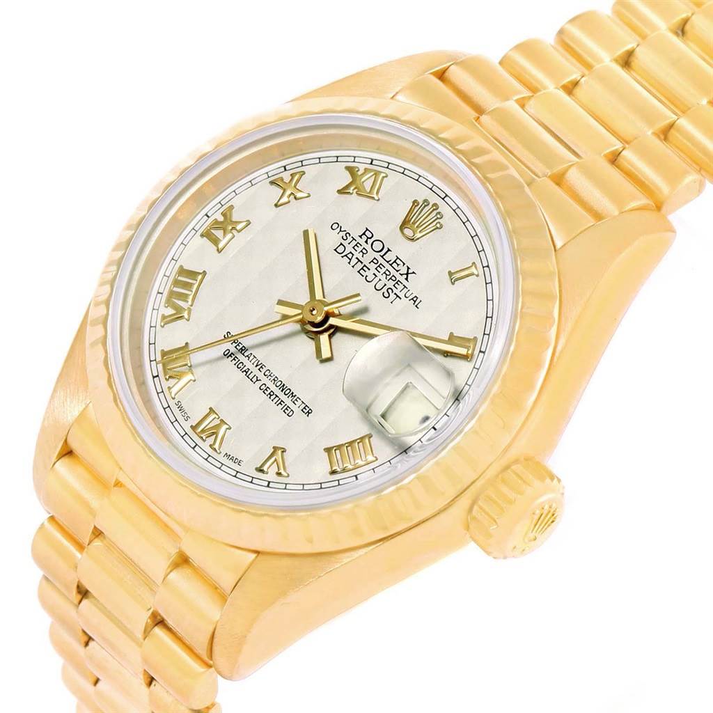 This image shows a Rolex President 79178 Women's Yellow Gold Beige Dial 79178 Women's Yellow Gold Beige Dial model from an angled top view, displaying the dial, bezel, crown, and part of the bracelet.