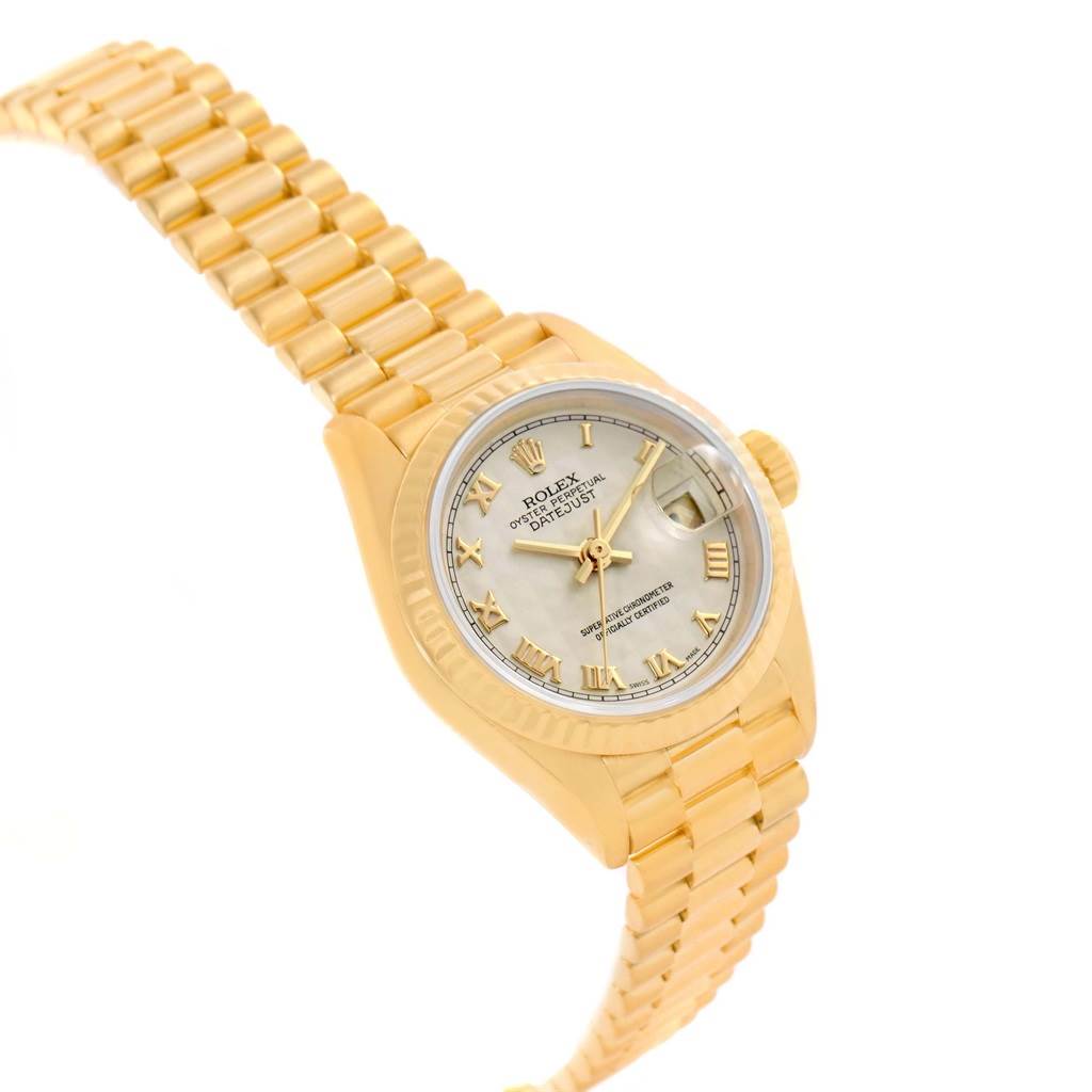 The image shows a Rolex President 79178 Women's Yellow Gold Beige Dial 79178 Women's Yellow Gold Beige Dial model watch at a slight angle, highlighting the watch face, gold bracelet, and crown.