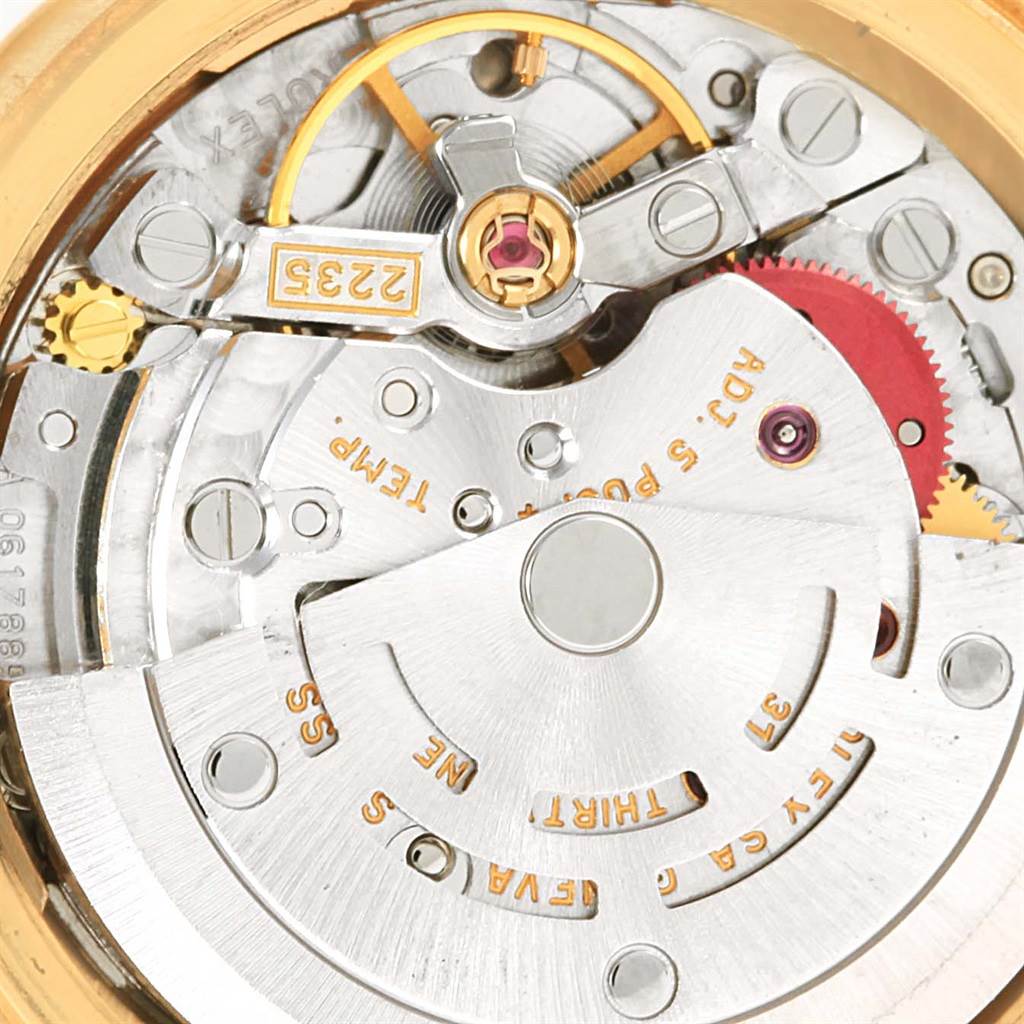 The image shows the movement mechanism of a Rolex President 79178 Women's Yellow Gold Beige Dial 79178 Women's Yellow Gold Beige Dial model watch, viewed from the rear.