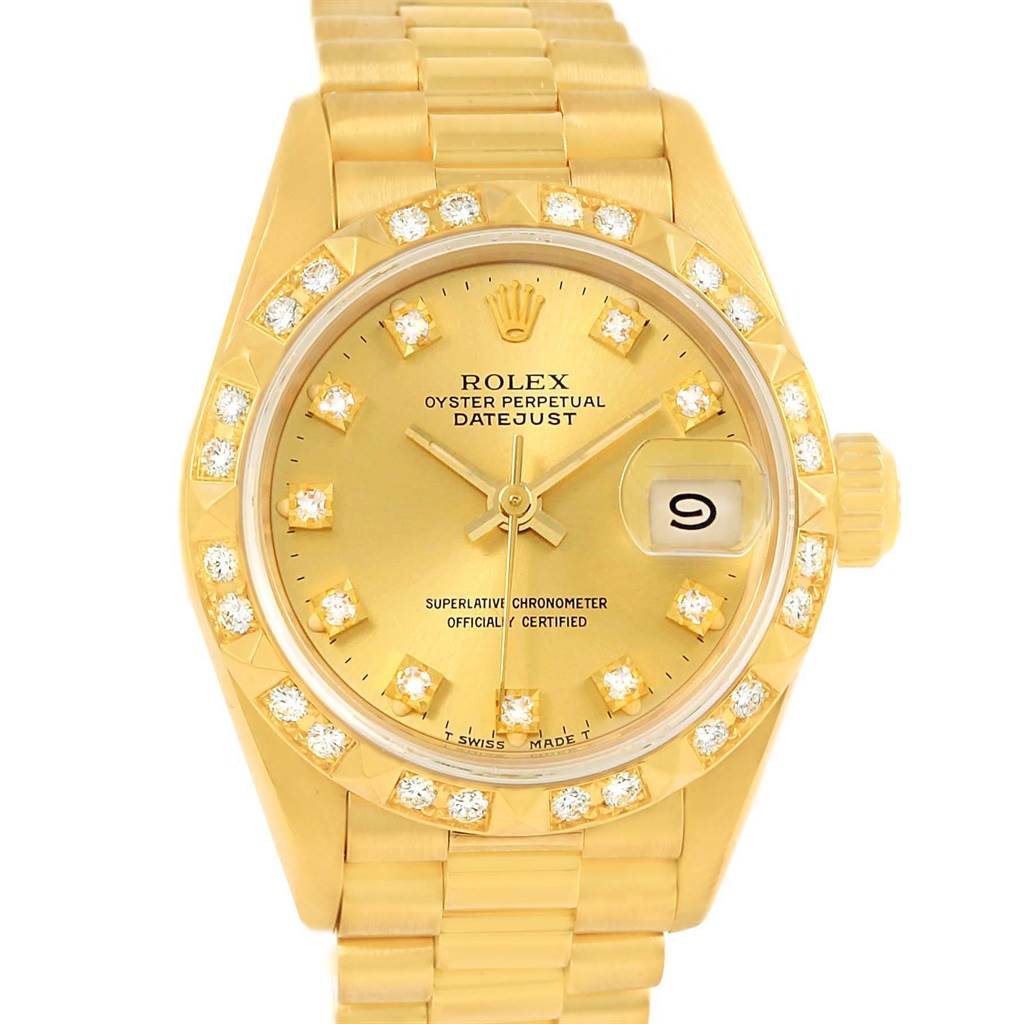 Rolex President Datejust Yellow Gold Pyramid Diamond Bezel Watch 69258 ...