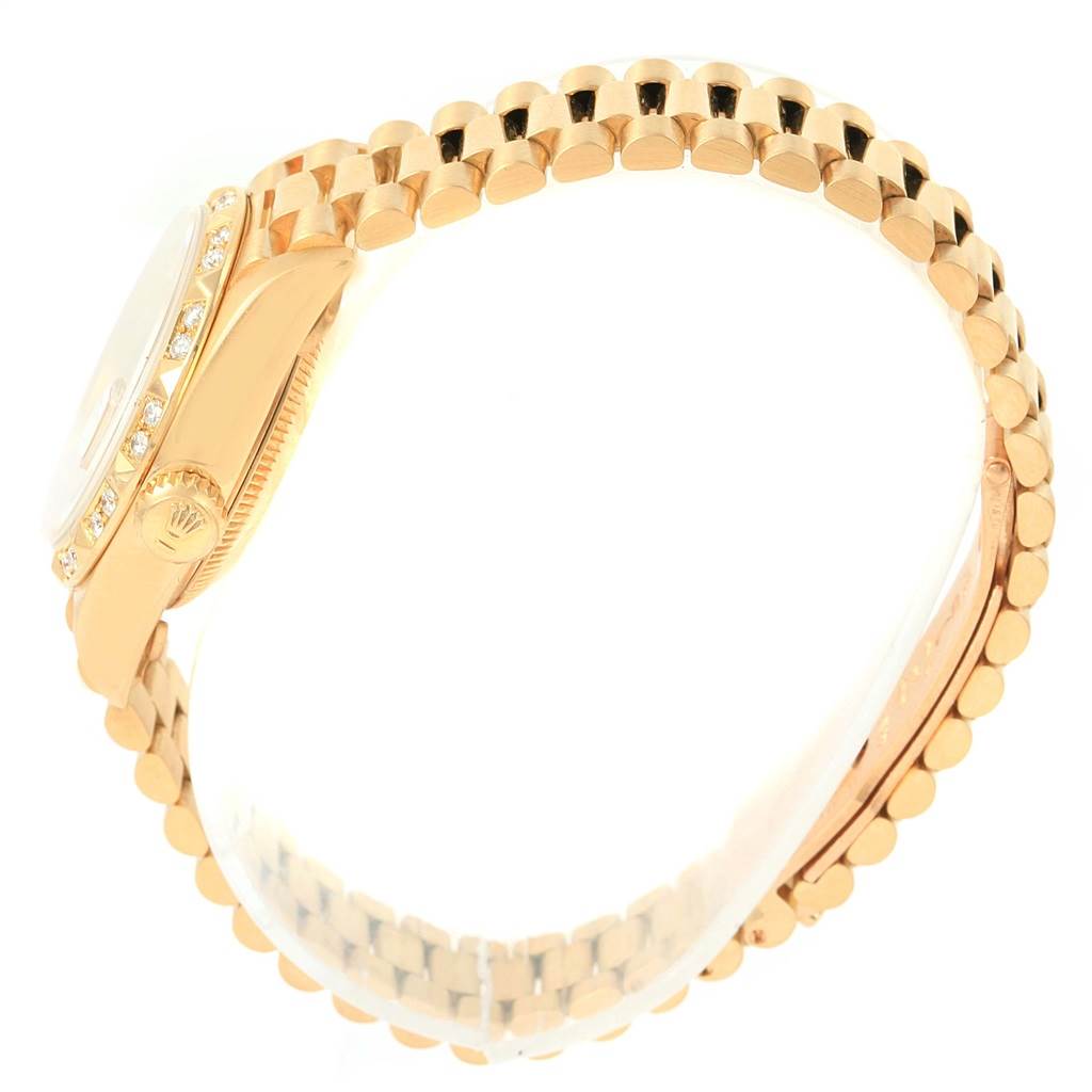 The image shows a side view of the watch case and bracelet of a Rolex President 69258 Women's Yellow Gold Champagne Dial 69258 Women's Yellow Gold Champagne Dial model.