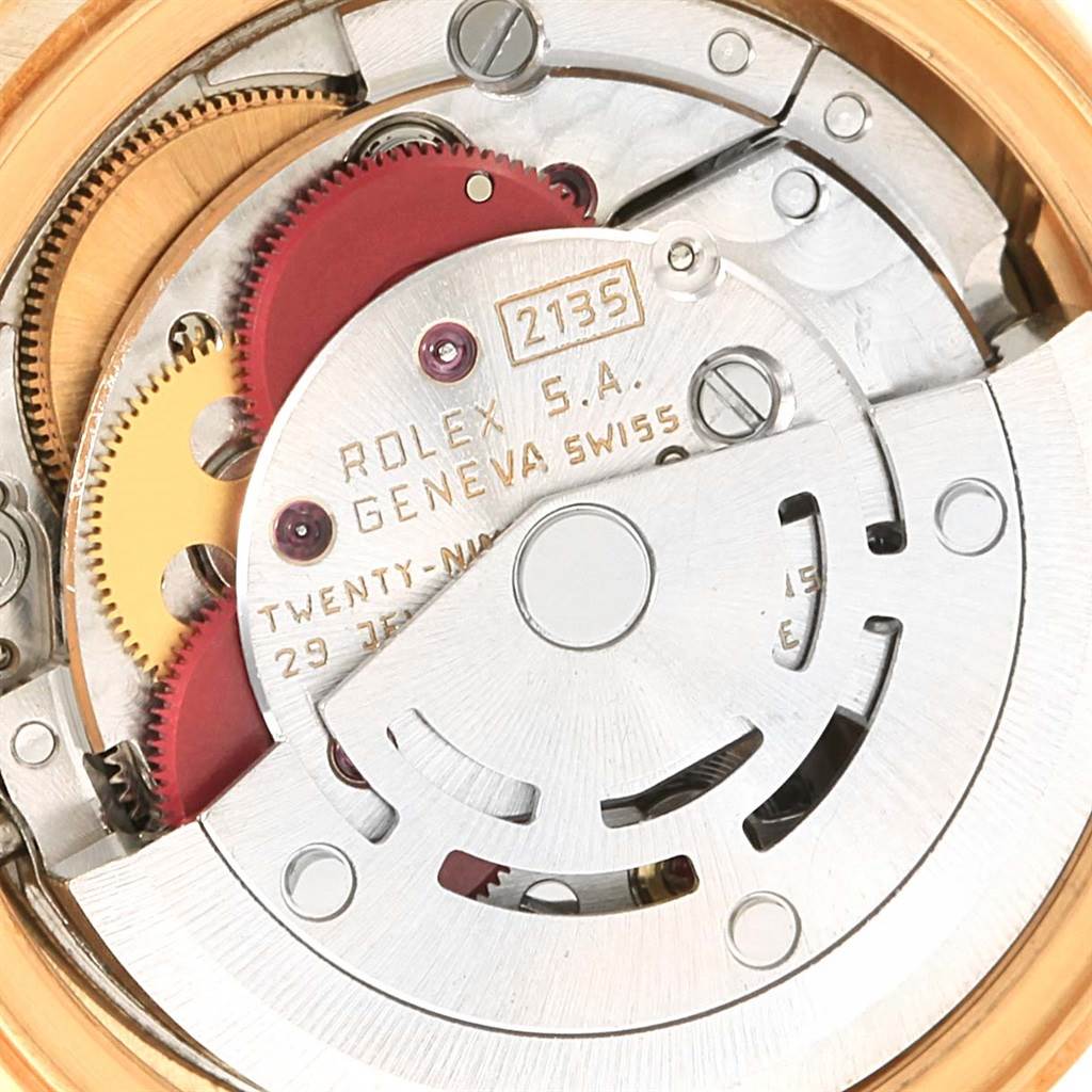 This image shows a close-up of the movement and internal mechanics of a Rolex President 69258 Women's Yellow Gold Champagne Dial 69258 Women's Yellow Gold Champagne Dial watch.