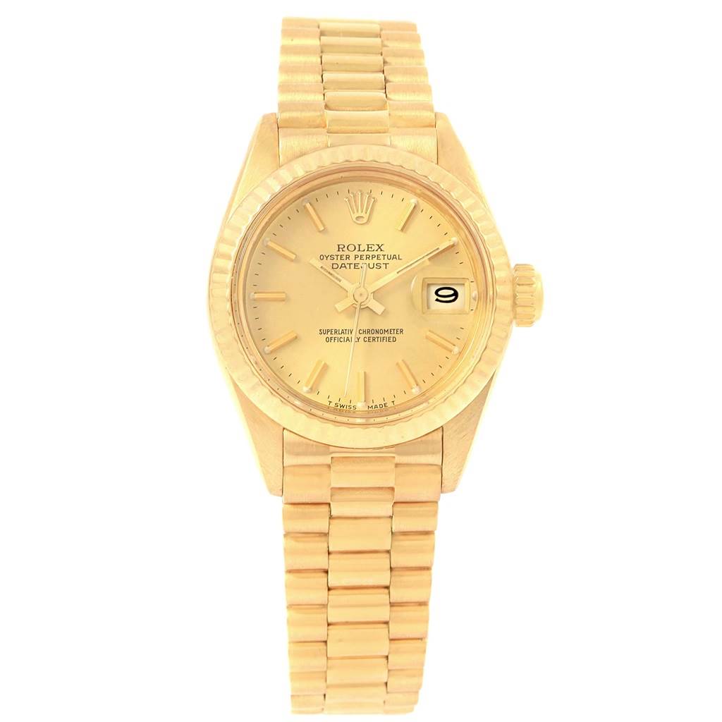 The image shows a front view of a Rolex President 6917 Women's Yellow Gold Champagne Dial 6917 Women's Yellow Gold Champagne Dial model watch, displaying its dial, bezel, and bracelet.