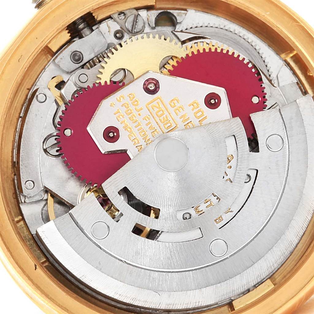 This close-up image shows the internal mechanism of a Rolex President 6917 Women's Yellow Gold Champagne Dial 6917 Women's Yellow Gold Champagne Dial model watch.