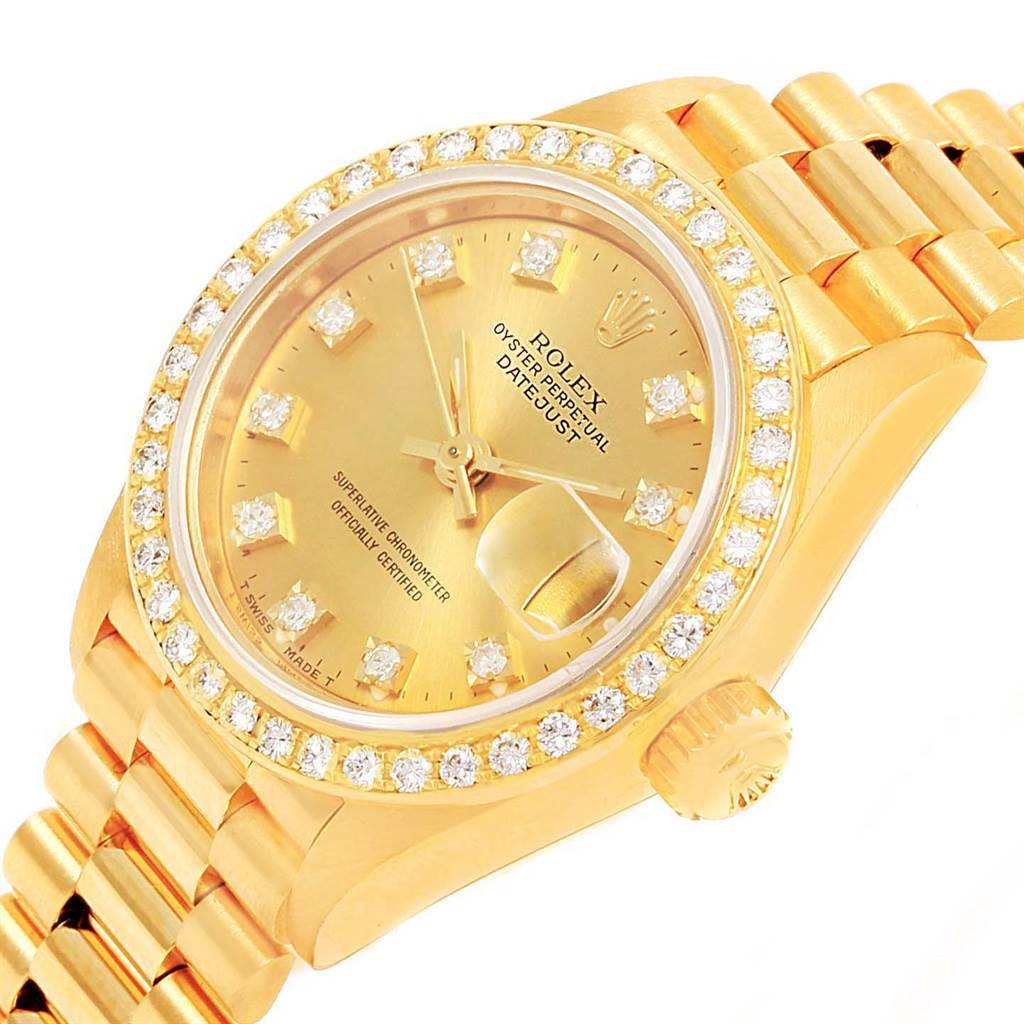 The image shows a Rolex President 69138 Women's Yellow Gold Champagne Dial 69138 Women's Yellow Gold Champagne Dial Datejust watch at an angled view, highlighting the face, bezel, crown, and bracelet.
