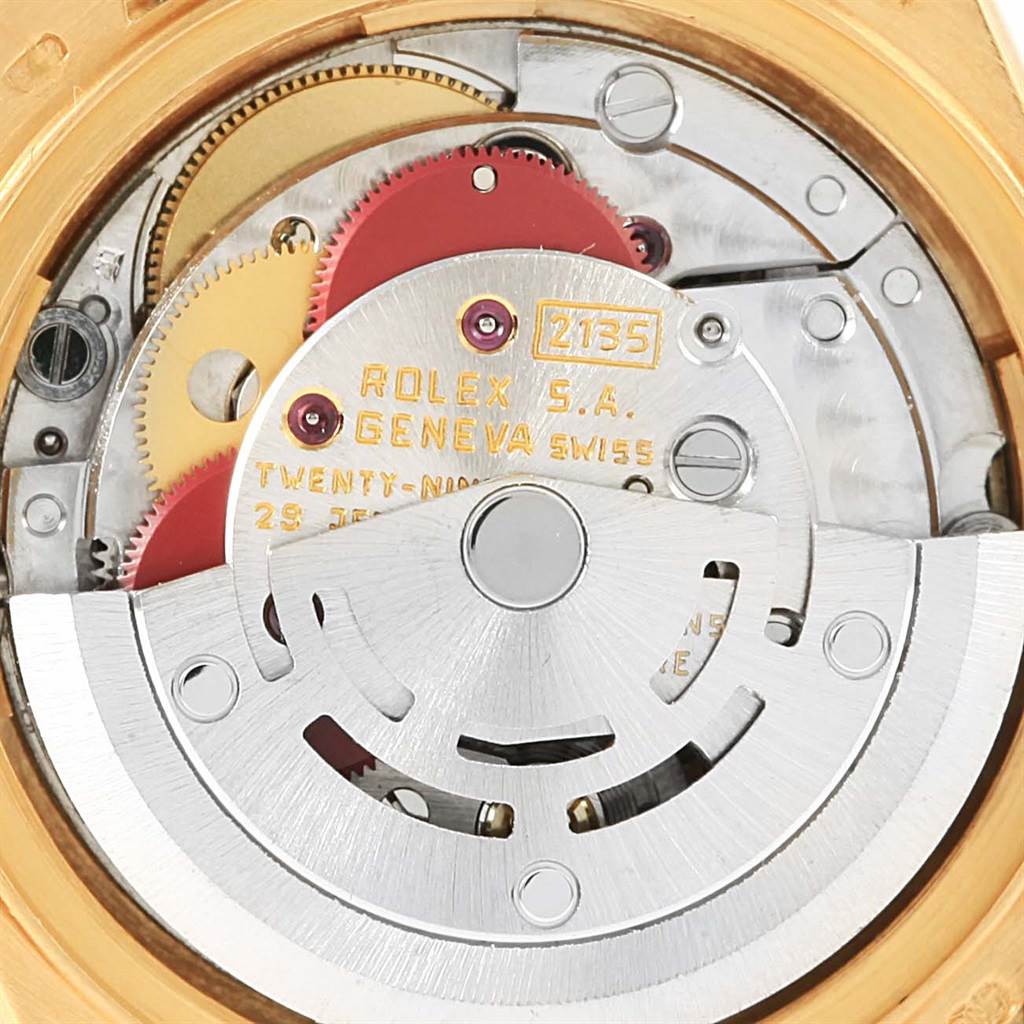 This image shows the internal mechanical movement of the Rolex President 69138 Women's Yellow Gold Champagne Dial 69138 Women's Yellow Gold Champagne Dial model watch from a back view.