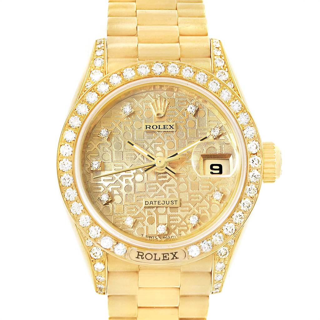 The image shows a front view of a Rolex President 69158 Women
s Yellow Gold Champagne Dial 69158 Women
s Yellow Gold Champagne Dial model watch, featuring a diamond-encrusted bezel and gold bracelet.