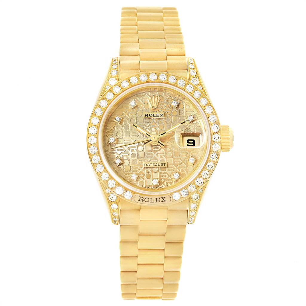This image shows a frontal view of the Rolex President 69158 Women
s Yellow Gold Champagne Dial 69158 Women
s Yellow Gold Champagne Dial model watch, highlighting the face, bezel, crown, and bracelet.