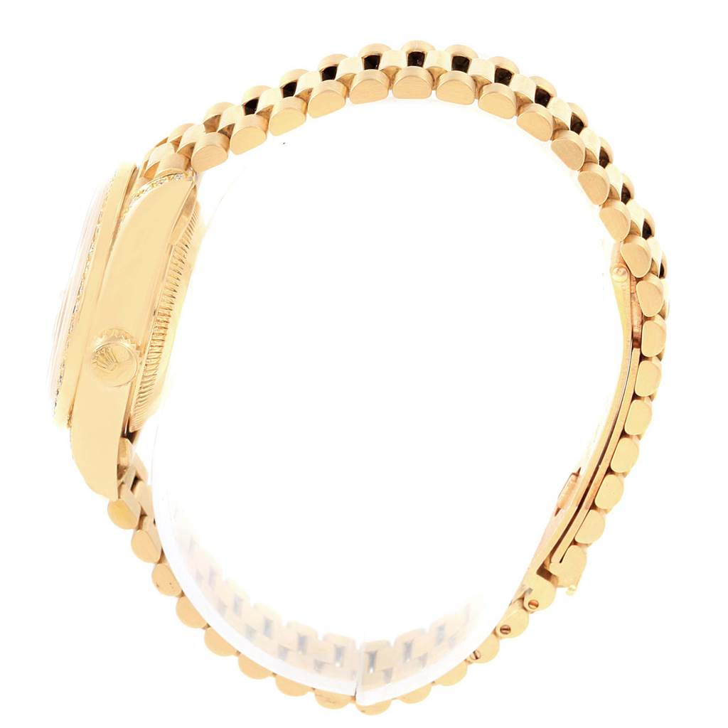 This image shows a side view of a Rolex President 69158 Women
s Yellow Gold Champagne Dial 69158 Women
s Yellow Gold Champagne Dial model watch, highlighting its gold bracelet and case.