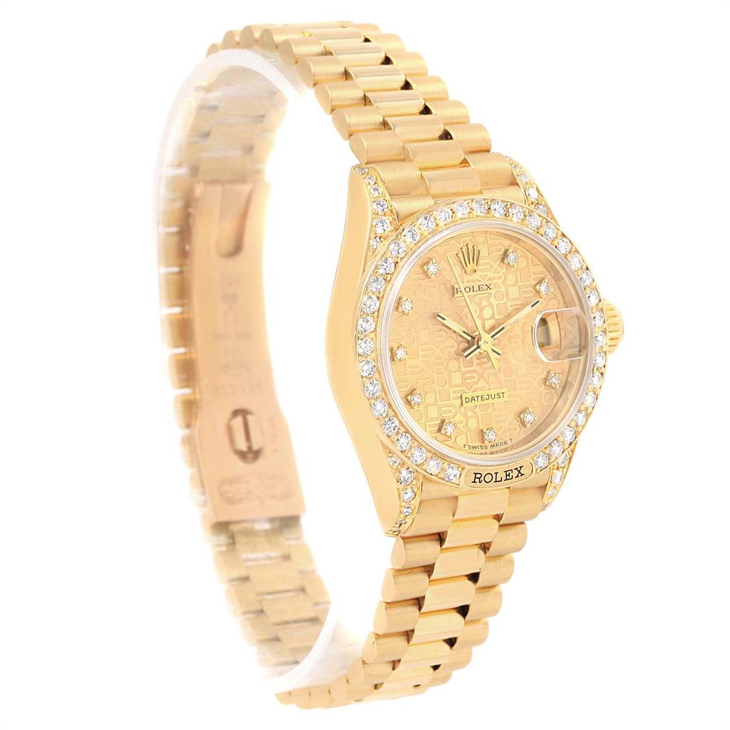 The Rolex President 69158 Women
s Yellow Gold Champagne Dial 69158 Women
s Yellow Gold Champagne Dial model watch is shown at an oblique angle, highlighting the golden bracelet, diamond bezel, and face details.
