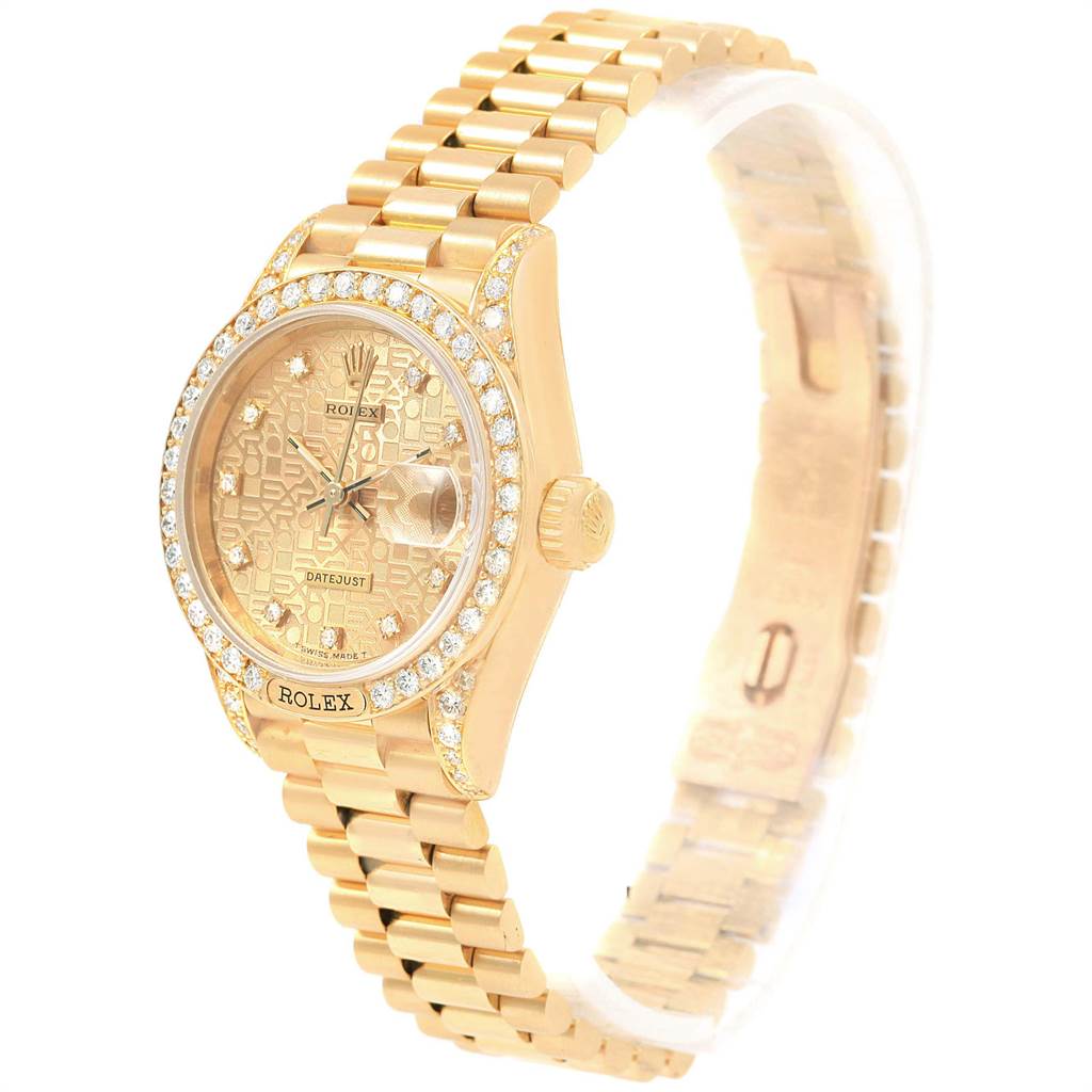 This Rolex President 69158 Women
s Yellow Gold Champagne Dial 69158 Women
s Yellow Gold Champagne Dial model watch is shown at a three-quarter angle, displaying the face, bezel, crown, and bracelet.