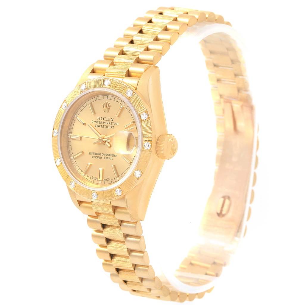 This Rolex President 69288 Women's Yellow Gold Champagne Dial 69288 Women's Yellow Gold Champagne Dial model watch is shown at a three-quarter angle, highlighting the face, bezel, crown, and bracelet.