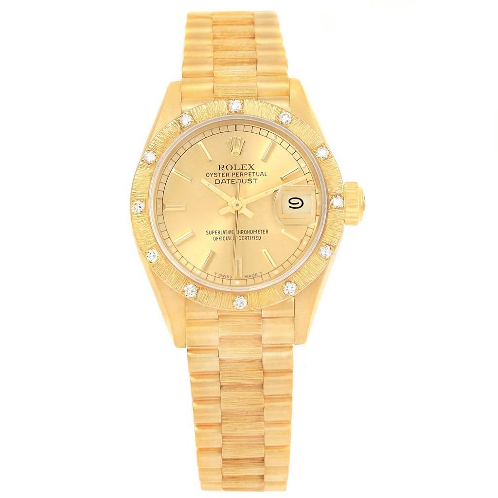 This is a frontal view of a Rolex President 69288 Women's Yellow Gold Champagne Dial 69288 Women's Yellow Gold Champagne Dial model watch, showing the dial, bezel, and bracelet.