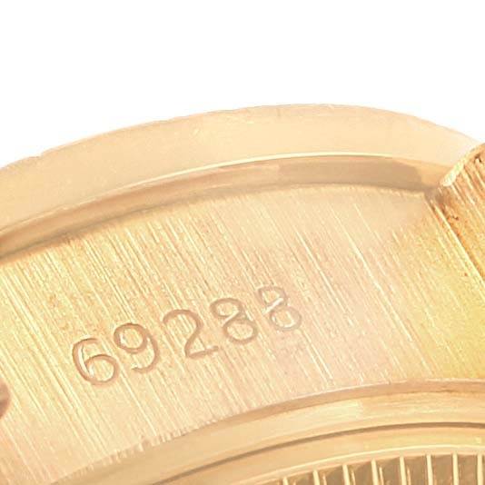 The image shows a close-up of the side of a Rolex President 69288 Women's Yellow Gold Champagne Dial 69288 Women's Yellow Gold Champagne Dial model watch with the reference number 69288 visible.