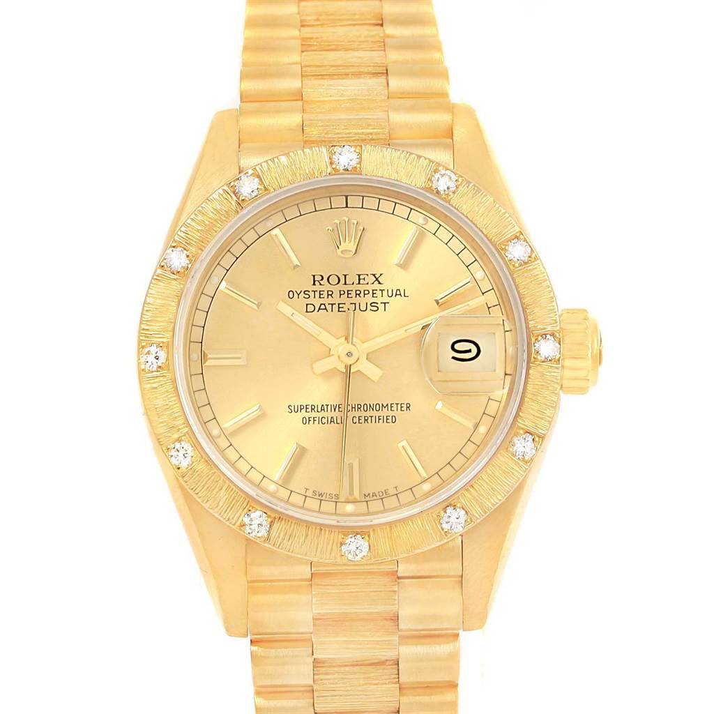 This is a front view of a Rolex President 69288 Women's Yellow Gold Champagne Dial 69288 Women's Yellow Gold Champagne Dial model watch, showing the dial, bezel, crown, and part of the bracelet.