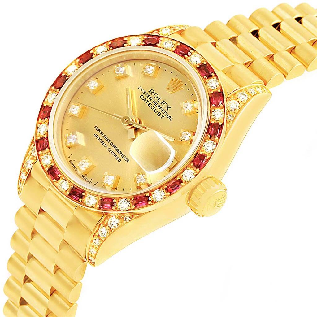 This image shows a close-up of a Rolex President 69198 Women's Yellow Gold Champagne Dial 69198 Women's Yellow Gold Champagne Dial model, highlighting its dial, bezel, and part of its bracelet.