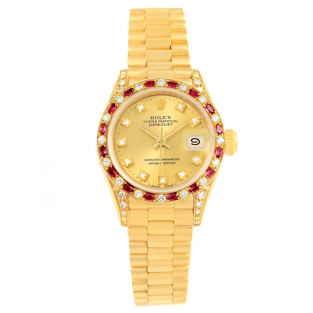 This image shows the full front view of a Rolex President 69198 Women's Yellow Gold Champagne Dial 69198 Women's Yellow Gold Champagne Dial model watch, featuring its gold bracelet, dial, and bejeweled bezel.