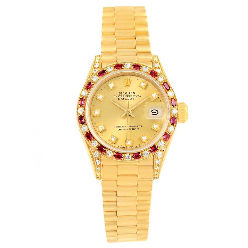 Rolex President Datejust Yellow Gold Diamond Ruby Ladies Watch 69198  SwissWatchExpo