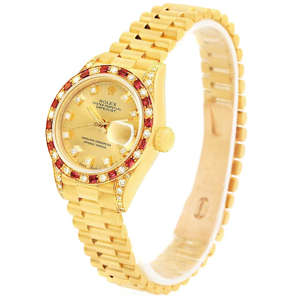 The image shows a Rolex President 69198 Women's Yellow Gold Champagne Dial 69198 Women's Yellow Gold Champagne Dial model watch angled to display its face, bezel, crown, and gold bracelet.