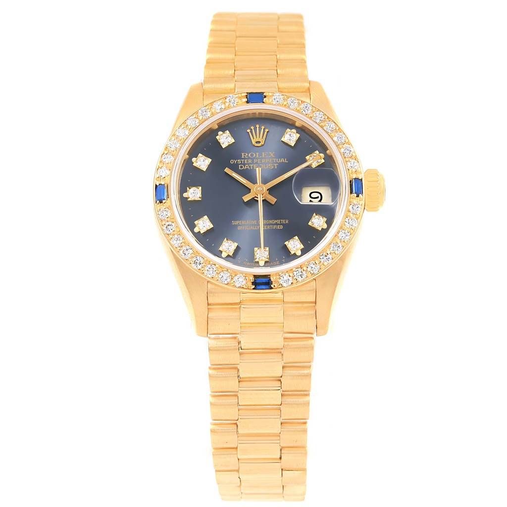 This image shows a front view of a Rolex President 69088 Women's Yellow Gold Blue Dial 69088 Women's Yellow Gold Blue Dial model watch with a gold bracelet, black dial, and diamond-set bezel.