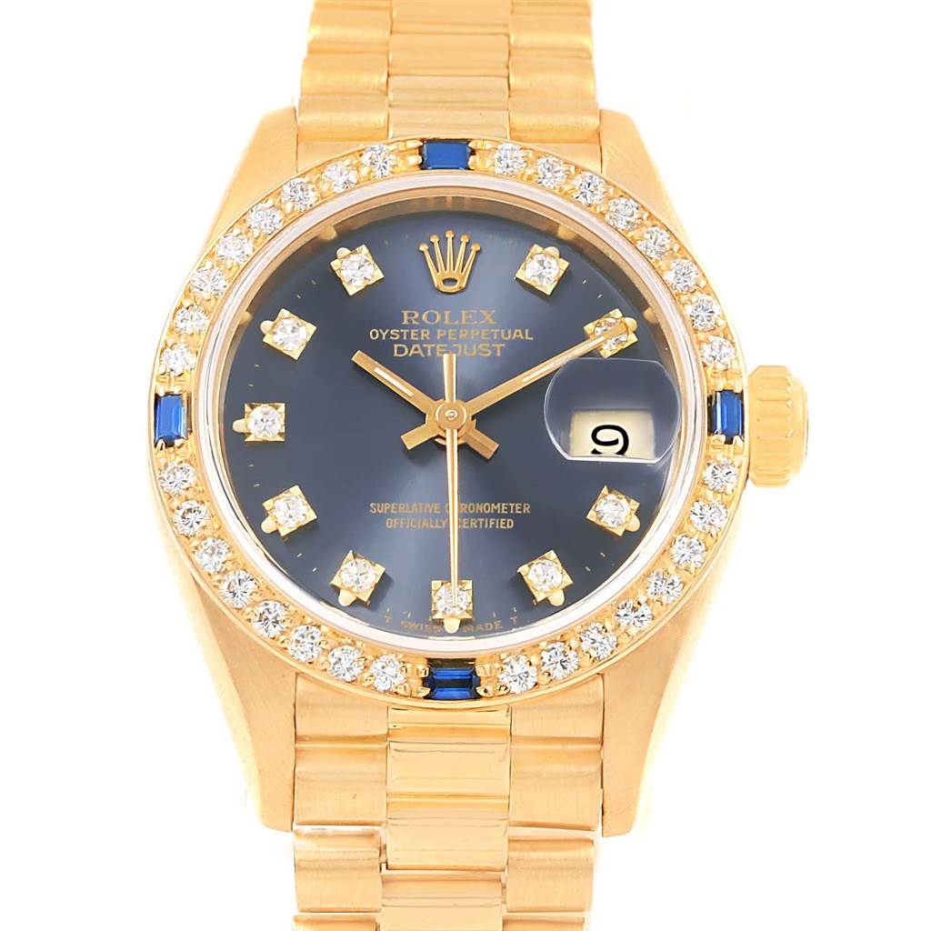 The image shows a frontal view of a Rolex President 69088 Women's Yellow Gold Blue Dial 69088 Women's Yellow Gold Blue Dial Datejust watch, showcasing its dial, hands, and bracelet.